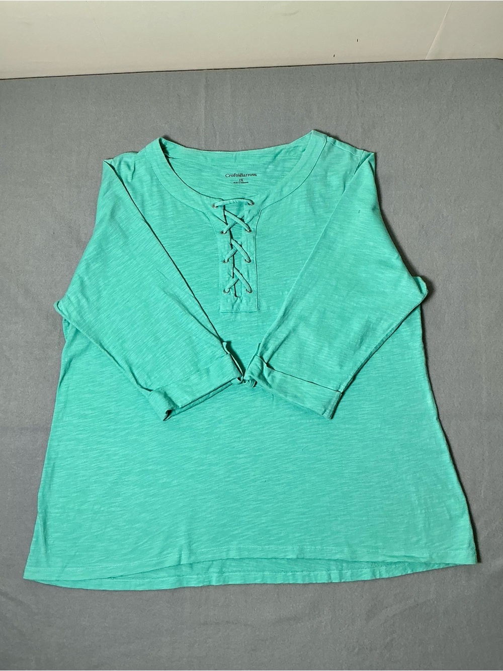 Croft & Barrow Women’s 2X Teal Lace Up 3/4 Sleeve Cotton Top Plus Size